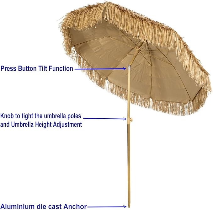 6.5 ft. Thatched Patio Tiki Umbrella with Tilt - Tropical Palapa Raffia Tiki Hut Hawaiian Hula Beach Umbrella, Including Portable Fabric Carry Bag.
