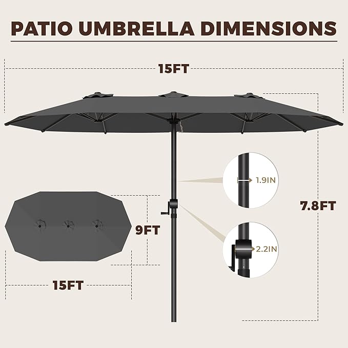 GDPFN 15FT Large Patio Umbrella, Outdoor Deck Standing Umbrella with Crank Handle, Double-Side Rectangular Pool Umbrella for Outside, Market, Patio, Dark Gray (Base Not Include)