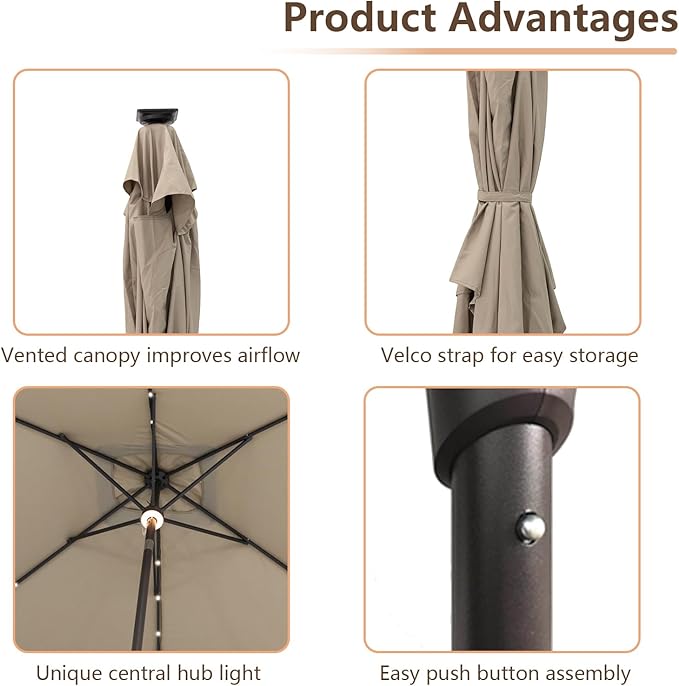 C-Hopetree Rectangular Outdoor Patio Market Umbrella with Solar LED Lights 6.5 x 10 ft