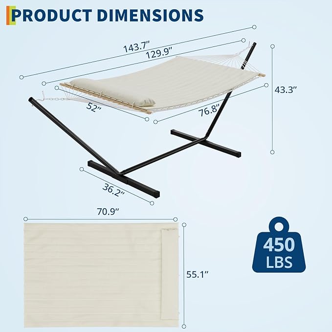 Double Hammock with Stand, 2 Person Portable Foldable Outdoor Hammock with Pad & Pillow, 450lb Capacity Heavy-Duty Hammock for Garden, Patio, Backyard, Off White