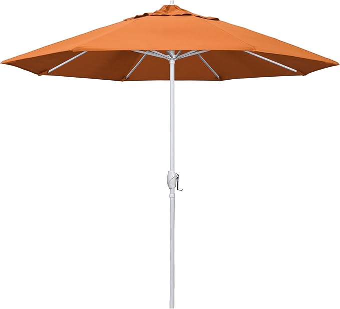 California Umbrella 12-Year Protection 9' Rd Aluminum Patio Umbrella, Crank Lift, Auto Tilt, White Finish, Sunbrella Tangerine