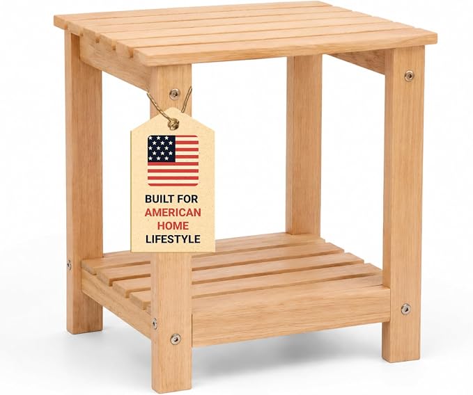 Premium 2-Tier Eucalyptus Wood Side Table with Slatted Storage Shelf, 13" x 16" x 17.5", Wooden Accent Table for Living Room, Entryway or Bedside (Natural)