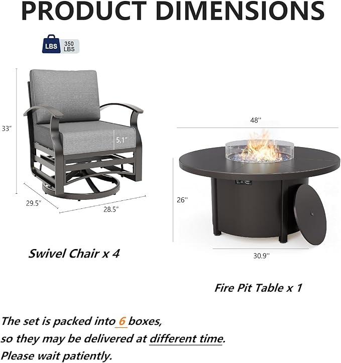 Gotland 5 Piece Patio Set, Aluminum Outdoor Swivel Chairs Set with 48’’ Round Fire Pit 5.1’’ High-Resilience Seat Cushions 29.5" Deep Seating, Metal Patio Furniture Set Patio Conversation Sets, Grey