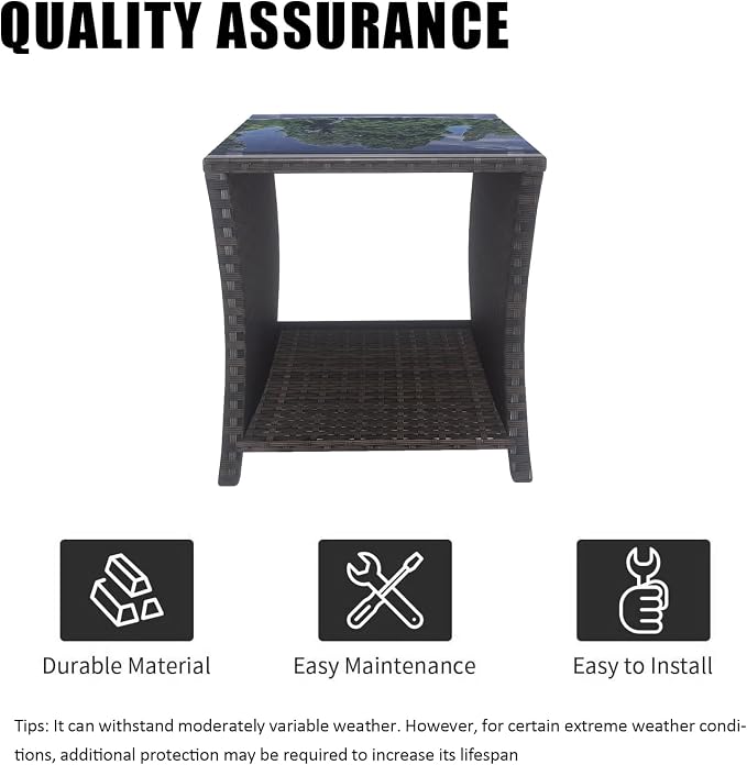 Wicker Rattan Side Table,Outdoor Patio Wicker Table,Modern Patio End Side Table with Glass Countertop and Storage Space,for Garden Balcony Porch