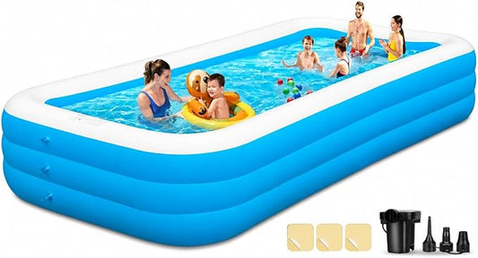 Extra Large Inflatable Pool for Adults & Kids, Family Size Blow Up Pool 165" x 76" x 22", Thickened PVC Swimming Pool with Electric Pump for Backyard Parties, Summer Fun & Outdoor Play