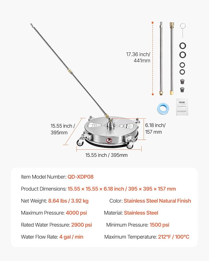 VEVOR 15 Inch Pressure Washer Surface Cleaner, 4000 PSI Stainless Steel Attachment with 4 Wheels, 2 Nozzles, 1/4 Inch Quick Connect and 2 Wands for Concrete, Patio, Deck