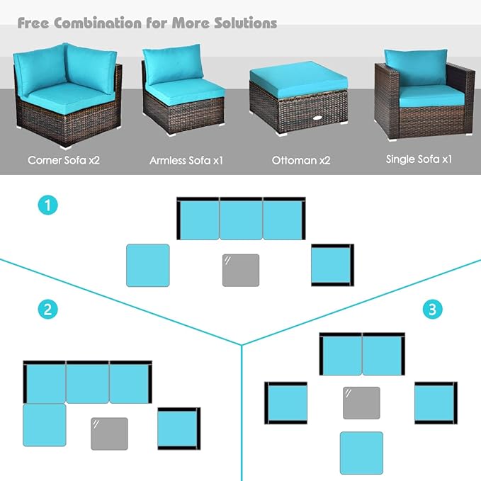 HAPPYGRILL 6 Pieces Patio Conversation Set Outdoor Furniture Set Rattan Wicker Sectional Sofa Set with Soft Cushions Coffee Table Ottoman for Backyard Garden Poolside