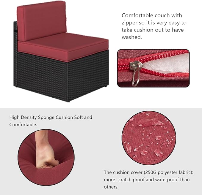FIZZEEY 7 PCs Outdoor Patio Furniture PE Wicker Rattan Sectional Conversation Sofa Set, Burgundy