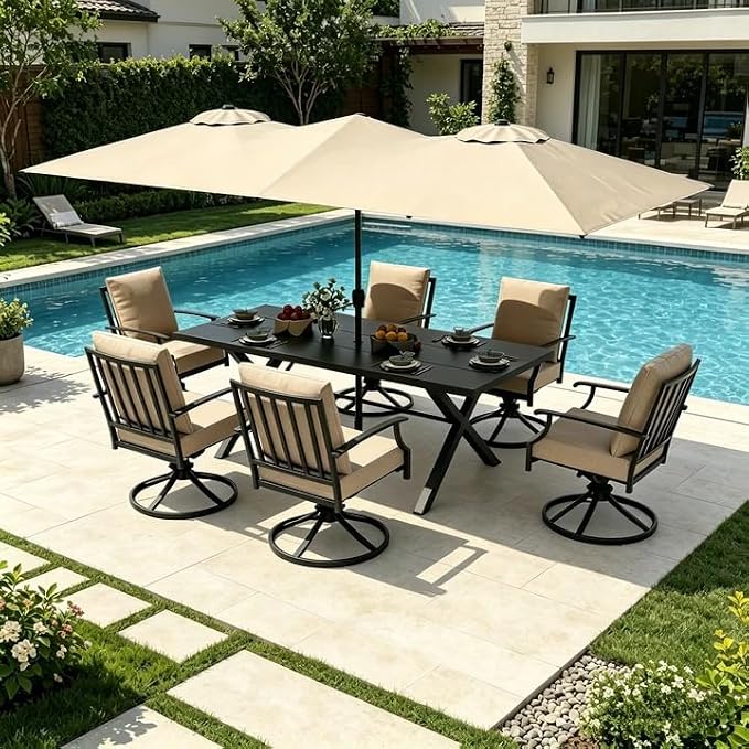 ALAULM 7-Piece Patio Dining Set with 14FT Patio Umbrella,Outdoor Dining Set with 6 Swivel Chairs & Rectangle Table with1.5 Umbrella Hole, Patio Dining Table and Chairs for Backyard, Sand