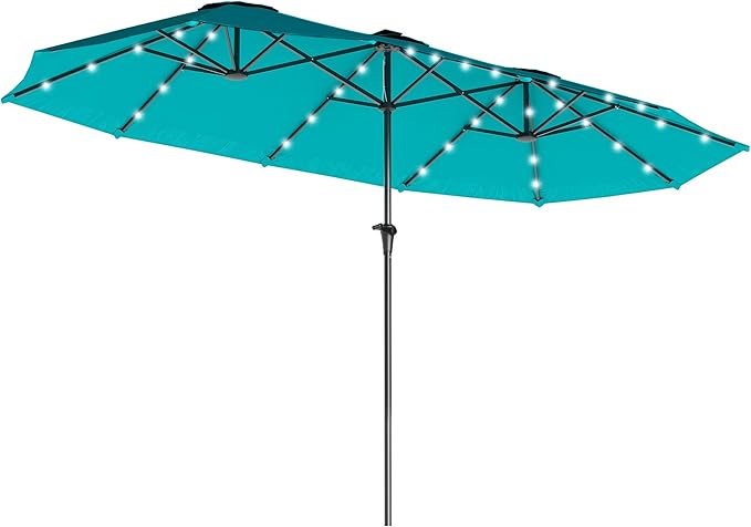 Outsunny 13ft Large Patio Umbrella with Solar Lights, Rectangular Double-Sided Outdoor Market Umbrella with Crank Handle and 48 LED Bulbs for Garden, Pool and Backyard, UPF 30+