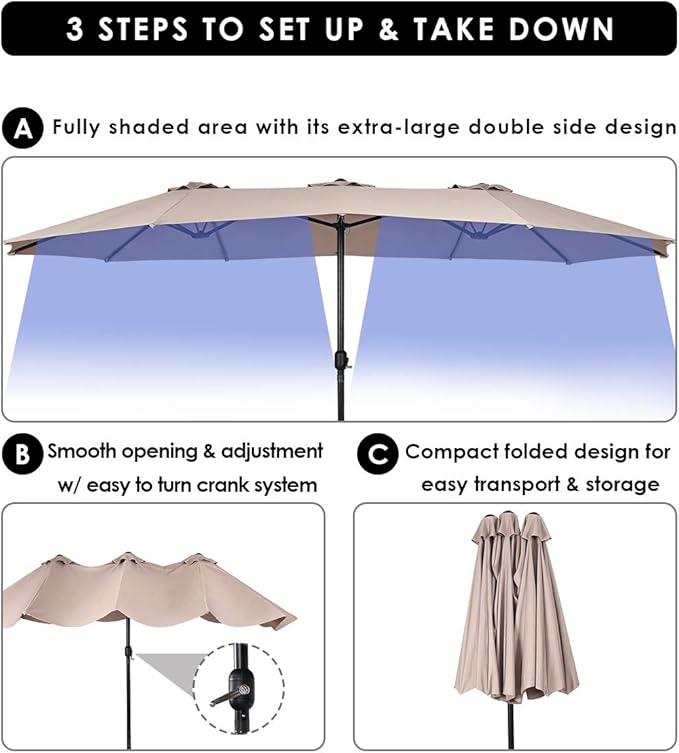 Tangkula 15 Ft Patio Umbrella Double-Sided Outdoor Market Table Umbrella with Crank (Beige)
