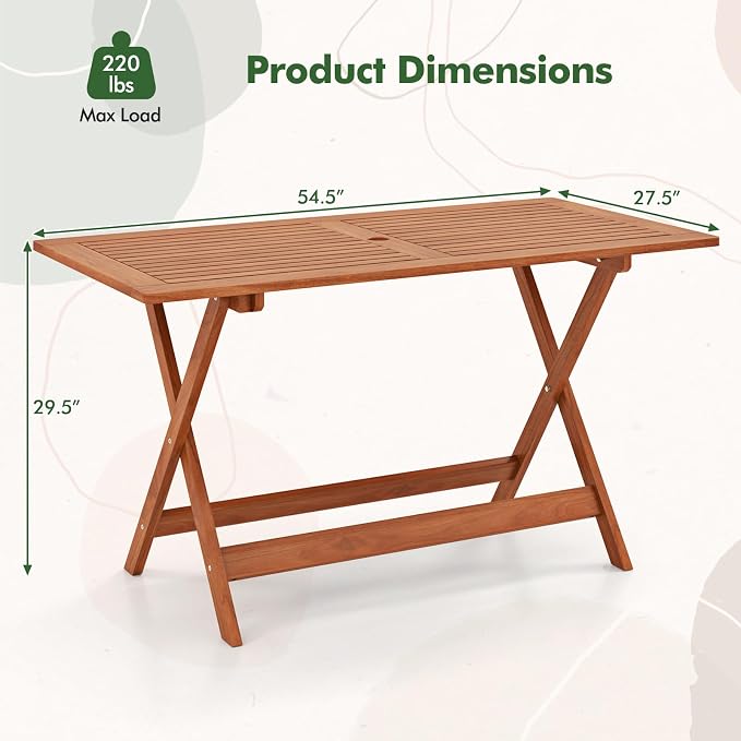 Tangkula 54.5-Inch Patio Dining Table for 6, Solid Wood Outdoor Table with Teak Painting & 2" Umbrella Hole, 6-Person Rectangular Outside Dining Table for Balcony, Deck, Porch, Backyard