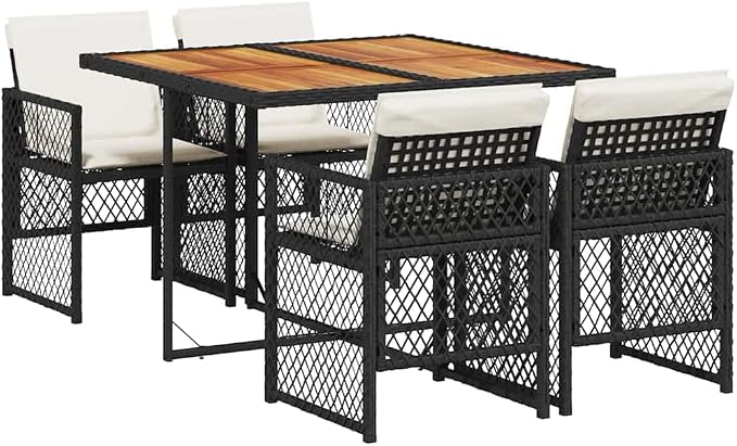5-Piece Garden Dining Set Black Cream White Outdoor Patio Furniture with UV-Protected Poly Rattan and Acacia Wood Table, 4 Foldable Chairs with Removable Cushions for Balcony Backyard Entertaining