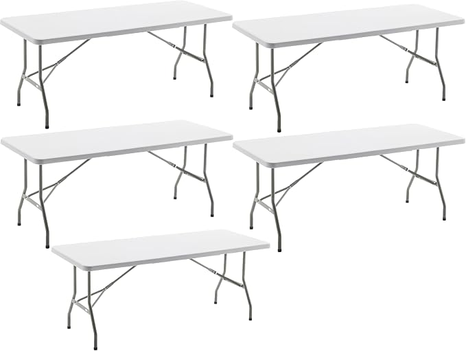 BTEXPERT Set of 5, Event Folding Utility Table 6 Foot 72"x 29.5" Heavy Duty Portable Indoor Outdoor Picnic Camping Office Home Party Wedding Tailgating White