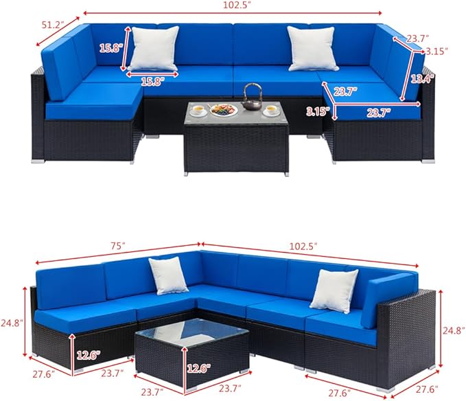 7 Pieces Patio Furniture Set - Outdoor Sectional Furniture with Cushion and Coffee Table Patio Conversation Sets for Backyard Outdoor Sofa Set Modular Sofa, Outdoor Patio Conversation Furniture Set
