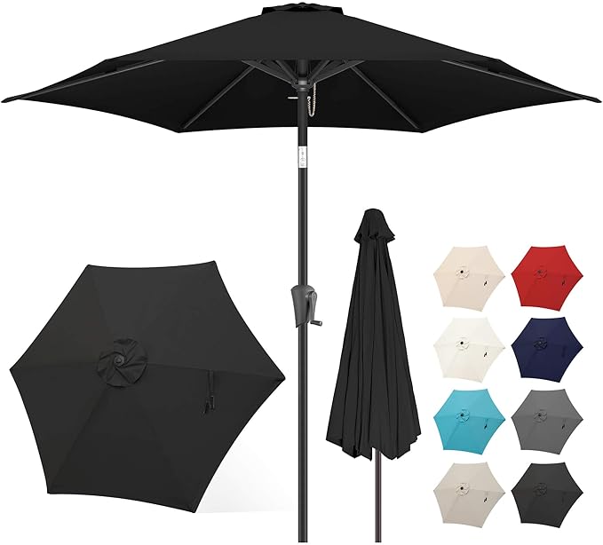 FLAME&SHADE 7.5ft Patio Umbrella - Outdoor Umbrella with Push Button Tilt and Crank for UV Protection, Table Market Umbrella for Garden, Deck, Backyard, Pool and Beach(Black)