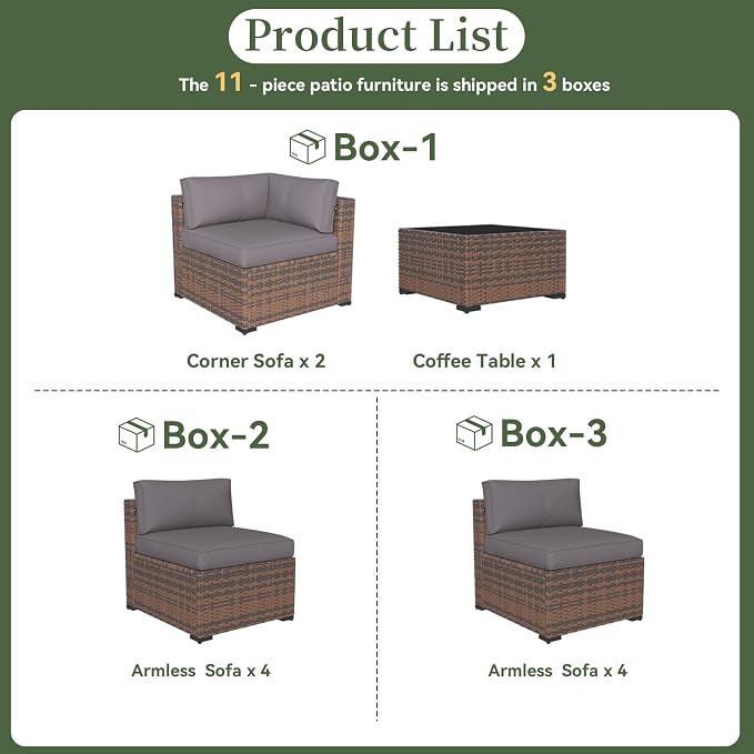 Aoxun 11 Piece Patio Furniture Set Wicker Rattan Patio Conversation Set Outdoor Sectional Sofa Set with Coffee Table and Thickened Cushions, Gray