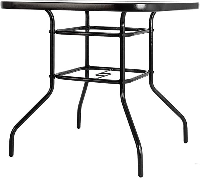 Outdoor Table Patio Table Dining Table with Tempered Glass Umbrella Hole for Lawn Balcony, Yard