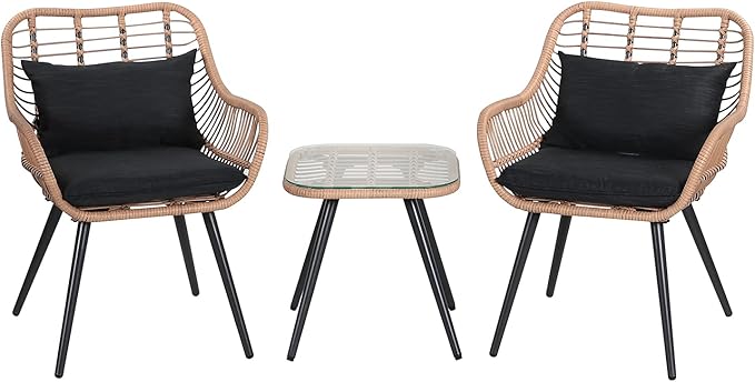 JOIVI 3-Piece Patio Set, Outdoor Wicker Conversation Bistro Sets for Porch, Backyard with Square Glass Top Coffee Table, Cushions and Lumbar Pillows
