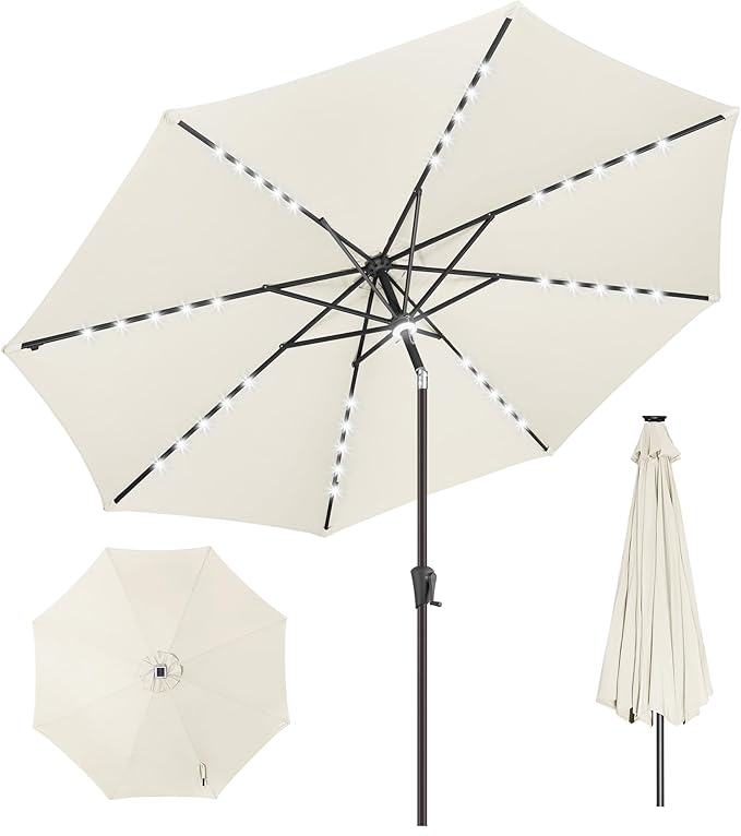 11ft Solar Umbrella Outdoor - Lighted Solar Patio Umbrella with 40 LED Lights Waterproof UV Protection, Table Umbrella with Tilt for Pool, Porch, Garden, Deck, Backyard - Ivory