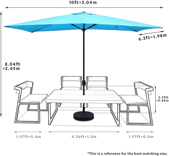 Abble Patio Umbrella, 10 Ft x 6.5 Ft, Aqua Color, Polyester Fabric, Crank Handle, Weather Resistant
