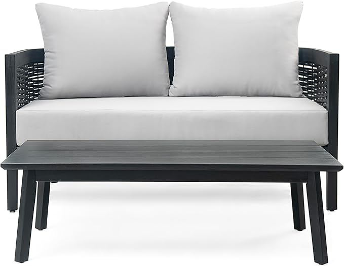 Christopher Knight Home Ramos Patio Conversation Set, 2-Seater Sofa/Loveseat+Coffee Table, Acacia Wood+Wicker Cushion+Back Pillows, Outdoor Seating, Garden, Backyard, Poolside, Black + Light Grey