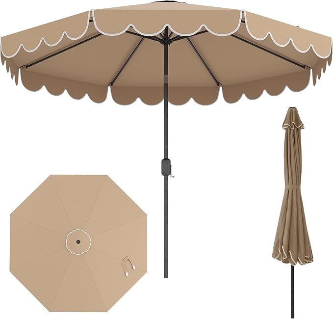 HAPPYGRILL 10 FT Patio Umbrella, Market Table Umbrella w/Crank, Push Button Tilt, Ruffled Edges, Vented Top & 8 Ribs, Outdoor Sun Shade for Poolside Backyard Beach