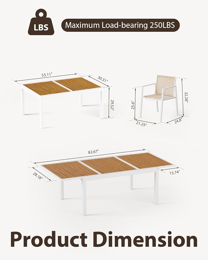 ZANDOR Expandable Outdoor Dining Set for 4-6-8,Patio Table and Chairs Set with Wood Top for Garden,Backyard,Porch,55"-82.7" Extendable Aluminum Outdoor Table Set with 8 Chairs,White