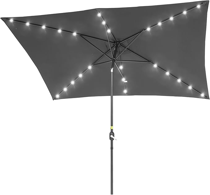 Rectangle Patio Umbrella with Solar Lights, 10 x 6.5ft Rectangular Outdoor Umbrella Table Market Patio Umbrella with Push Button Tilt and Crank for Garden, Deck, Backyard, Pool