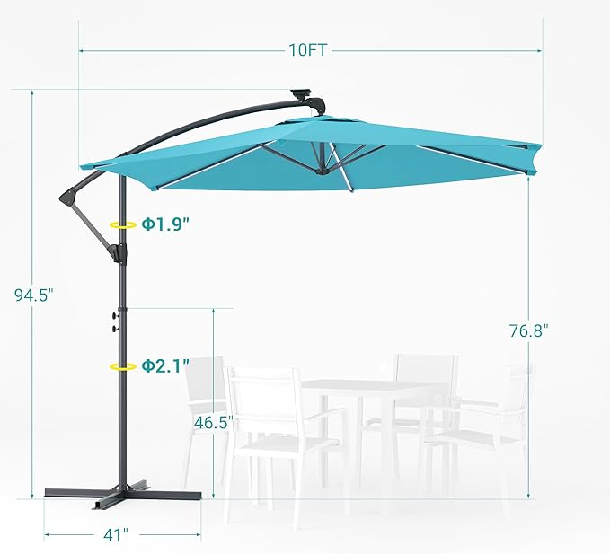 10ft Offset Patio Umbrella with Solar Light Strips,Outdoor Cantilever Hanging Umbrella with Cross Base, Fade Resistant Recycled Fabric, for Pool, Deck, Garden,Backyard,