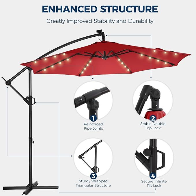 HOMSHADE 10ft Solar Lights Offset Cantilever Patio Umbrella - with Light and Base, LED Lighted Offset Hanging Patio Outdoor Market Umbrella UPF50+ UV Protection with Easy Tilt and Crank (Red)