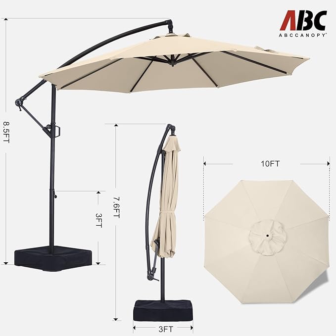 ABCCANOPY 10FT Cantilever Patio Umbrella with base included, 360° Rotation Outdoor Offset Umbrella Bonus Fix Frame & Weights Bag for Backyard, Deck, Poolside (Light Beige)