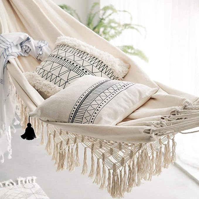 Portable Hammocks Canvas Hammock Macrame Fringed Deluxe Double Hammock Net Swing Chair Indoor Hanging Swing Hammocks Hammock for Outdoor