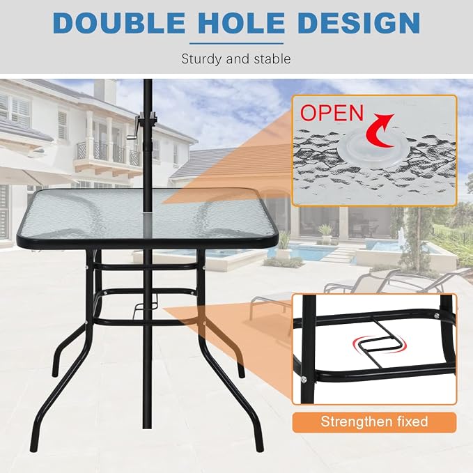32" Square Outdoor Dining Table - Tempered Glass Top with Umbrella Hole,Weather-Resistant Metal Patio Table for Backyard,Poolside, Balcony, Garden - Black
