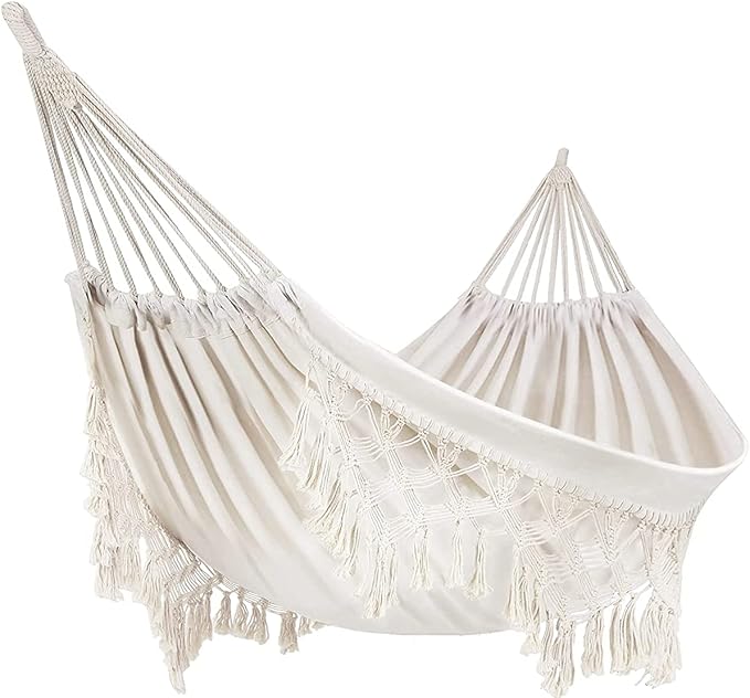 Outdoor Hammock Garden Cotton Hammock Macrame Fringe Hammocks Boho Balcony Hammocks with Handmade Tassels 2 Person Double Hamock 480lbs for Home,Backyard,Beach,Patio