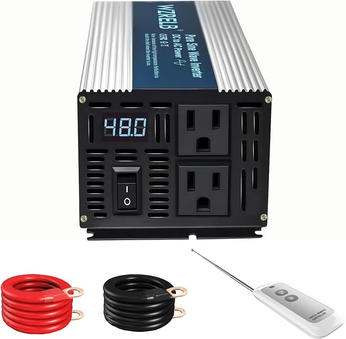WZRELB 1200W Pure Sine Wave Inverter 48V DC to 110V 120V AC Power Converter with LED Display, Remote Controller, Off-Grid Power Inverter 2400W Surge for Home, RV, Truck, Camping