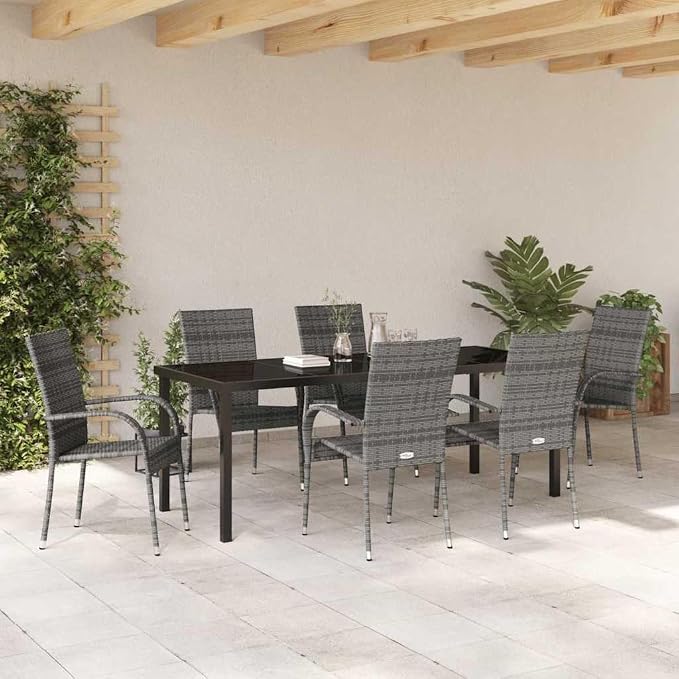 7 Piece Garden Dining Set, Outdoor Patio Furniture with 6 Chairs and Steel Table, Grey Weather-Resistant Dining Furniture for Backyard Deck Balcony