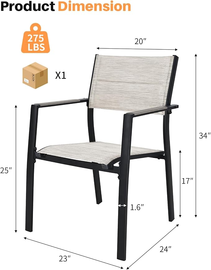 2-Piece Patio Stackable Dining Chairs, Never-Rust Aluminum Outdoor Stackable Patio Chairs, Outdoor Dining Chair Set of 2 with Double-Layer Thickened Textilene for Deck, Garden, Pool, Limed Oak