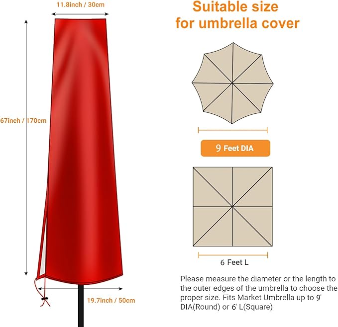 Dafire Patio Umbrella Cover for 7FT to 9FT Patio Umbrellas,1.7m Parasol Covers (Red 420D),Oxford Fabric Waterproof Market Umbrella Cover with Zip,Parasol Covers for Outdoor Umbrellas with Rod