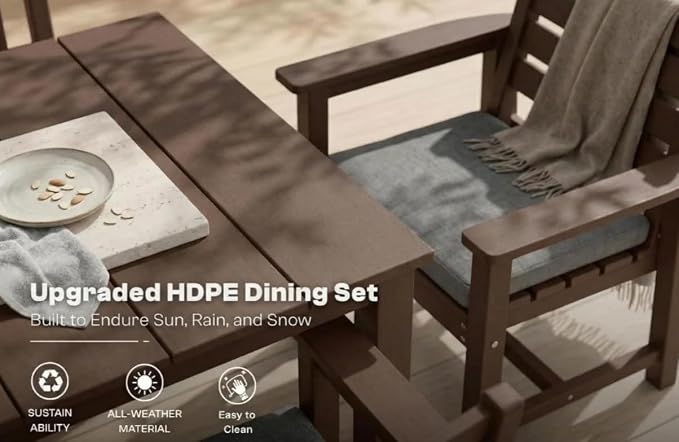 7-Piece Outdoor Dining Set with 75.2" Table for 6,Brown | HDPE material, umbrella hole design, weather-resistant furniture, perfect for garden, lawn, poolside, yard, balcony, deck