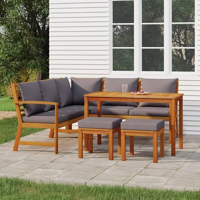 6 Piece Modular Patio Dining Set Solid Acacia Wood Natural Brown Finish Outdoor Garden Furniture with Weather Resistant Cushions Spacious Seating