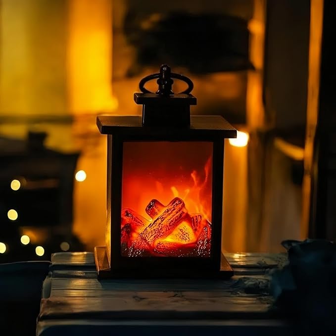Simulated LED Fireplace Lantern Battery Powered Flameless Light with Simulation Flame Table Decorative Lamp Mini Fireplace Ornament for Cozy Home Decor Free Standing Electric Log Burner
