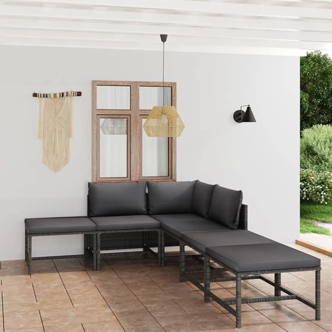 6 Piece Patio Conversation Set Grey PE Rattan Modular Outdoor Lounge Furniture 23.6x23.6 inch with Powder-Coated Steel Frame & Removable Cushions for Balcony Garden Terrace