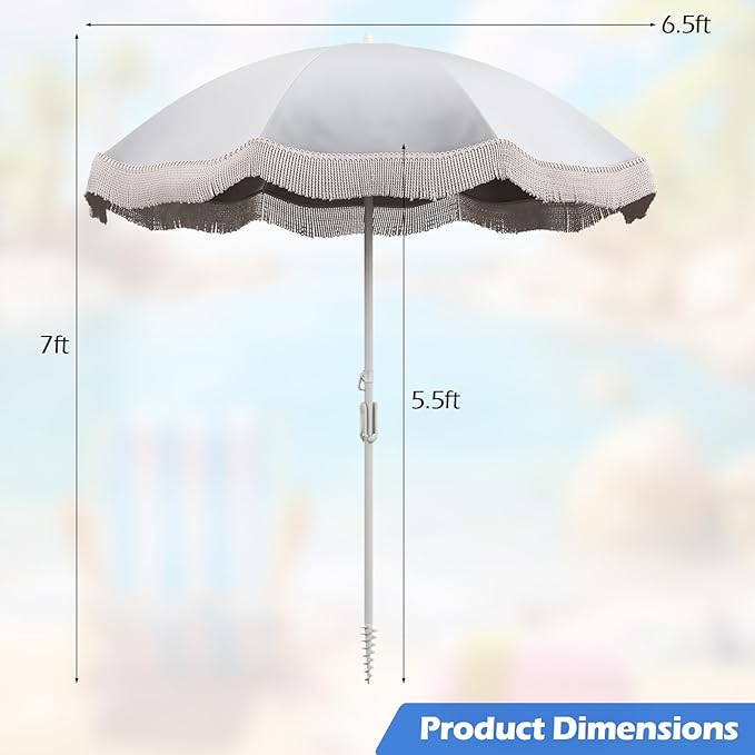 6.5 FT Outdoor Fringe Umbrella, UV 50+ Protection Boho Umbrella with Sand Anchor, Tilt Sun Shelter& 8 Ribs, Portable Beach Umbrella with Carry Bag, Vintage Patio Umbrella for Deck Poolside