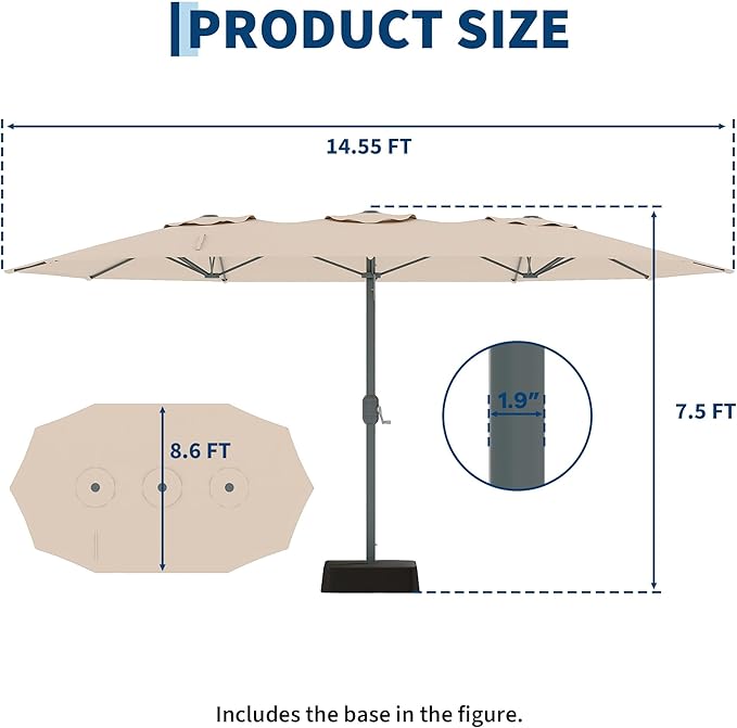 9x15 ft Large Outdoor Umbrella with Base Included, Extra Wide Patio Umbrella with UV Protection, Heavy Duty Backyard & Pool Umbrella with 12 Ribs for Garden Patio Balcony