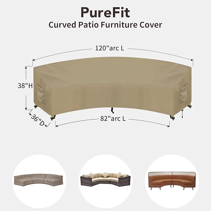 PureFit Outdoor Sectional Sofa Cover Waterproof Curved Patio Furniture Covers for Deck, Lawn and Backyard, 120Lx36Dx38Hx82FL, Camel