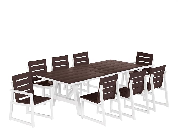WestinTrends Cape May 9-Piece HDPE Outdoor Furniture Patio Dining Table with Umbrella Hole and Chairs Set for 8, Dark Brown