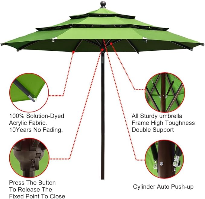 EliteShade USA 10-Year-Non-Fading 11ft 3-Tier Market Patio Umbrella, Commercial Grade Outdoor Table Umbrella with Cylinder Push-Up, Windproof & UPF 50+ UV Protection, Heavy Duty Ventilation for Garden, Deck, Pool, Backyard, Beach & Bistro, Macaw Green