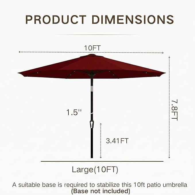 Kingdura 10FT Outdoor Patio Umbrella with Solar Lights, Market Table Umbrella with Push Button Tilt & Crank, 8 Sturdy Ribs, 32 LED Lights, UV Protection for Garden Lawn Deck Backyard Pool (Dark red)