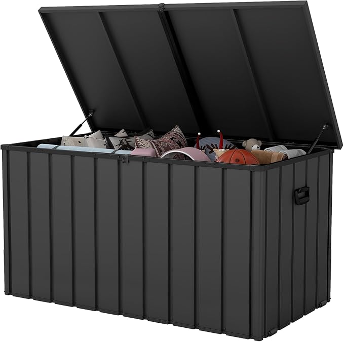 200 Gallon Outdoor Deck Box, Metal Lockable Storage Cabinet with Mobility Rollers & Side Handles, Waterproof Steel Bench for Patio Outside Furniture Cushions,Pillows,Garden Tools (Dark Gray)